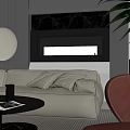 Contemporary Living Room Fireplace Design Featuring Beige Sofa Round Mirror Green Plant And Striped Rug