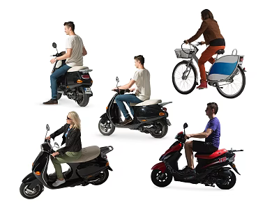 Multiple Individuals Riding Various Electric Scooters And A Cargo Bicycle 3d model