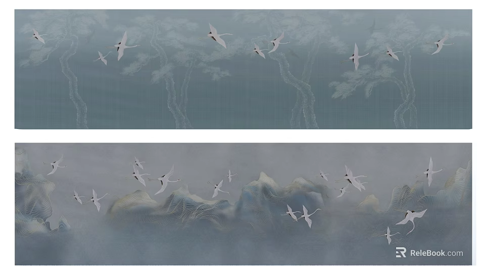 Traditional Chinese Landscape Art With White Cranes Flying Over Mountains And Clouds 3d model 