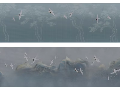Traditional Chinese Landscape Art With White Cranes Flying Over Mountains And Clouds 3d model