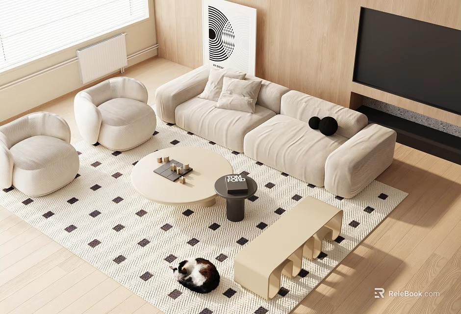 Modern Beige Sofa And Coffee Table Set With Round Table Geometric Rug And Accent Chairs 3d model 