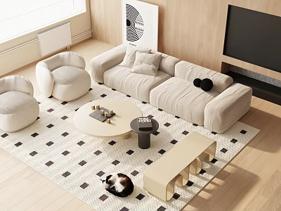 Modern Beige Sofa And Coffee Table Set With Round Table Geometric Rug And Accent Chairs 3d model