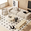 Modern Beige Sofa And Coffee Table Set With Round Table Geometric Rug And Accent Chairs