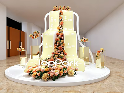 TopPark Photo Spot Large Yellow Cake Shaped With Floral Decorations Golden Pillars And White Platform 3d model