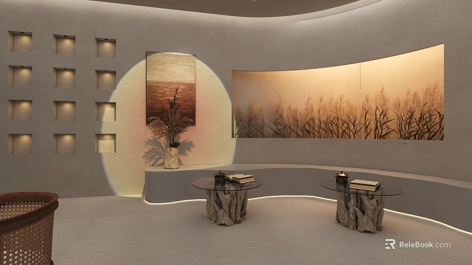 Modern Hotel Front Desk Design With Curved Wall Stone Counter And Warm Lighting 3d model 