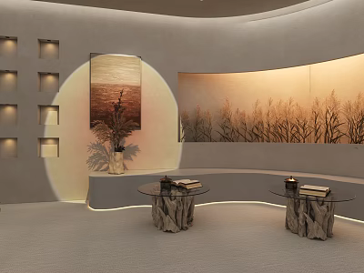 Modern Hotel Front Desk Design With Curved Wall Stone Counter And Warm Lighting 3d model