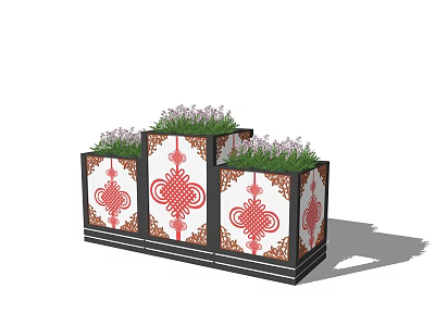 Decorative Flower Pots With Traditional Chinese Knot Patterns And Purple Flowers 3d model