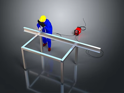 Man wearing blue uniform with yellow safety helmet welding metal frame near red welding machine 3d model