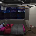 Modern Apartment Interior With Red Sofa Bookshelf Night View Window And Table