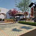 Scenic Wall In Modern Courtyard With Traditional Roof Green Plants And People Walking