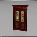 Red Double Door Furniture with Stained Glass Panels and Intricate Carved Details