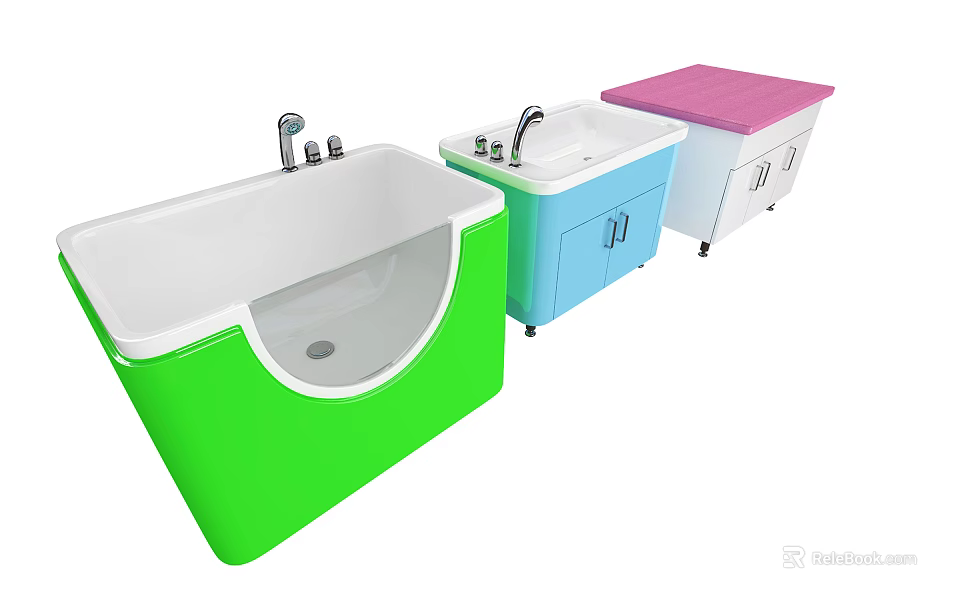 Colorful Bathtubs With Cabinet Storage In Green Blue And Pink Design 3d model 