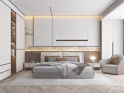 Modern Bedroom Interior Design With Comfortable Bed Accent Chair And Wall Decor 3d model
