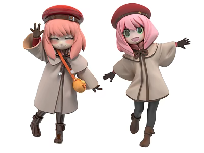 Adorable Pink Haired Dolls in Red Hats Beige Coats Waving Hands Stretching Arms 3d model