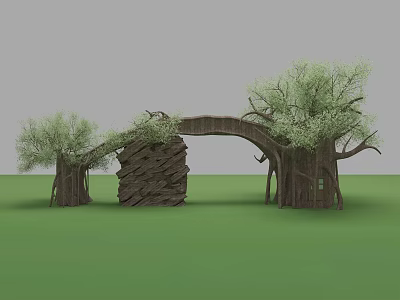 Natural Arched Entrance Gate Formed By Tree Trunks And Branches On Green Grass 3d model