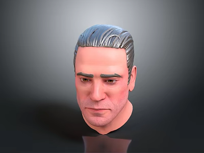 3D Male Character Head Model With Gray Combed Back Hair Serious Expression Against Gray Background 3d model