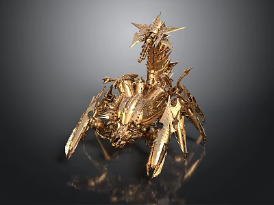 Golden Ornate Mechanical Dragon Sculpture With Metallic Armor And Sharp Details 3d model