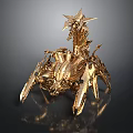 Golden Ornate Mechanical Dragon Sculpture With Metallic Armor And Sharp Details
