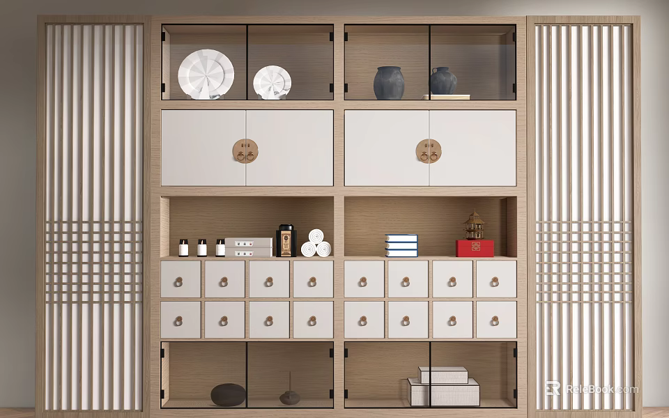 Modern Entryway Cabinet And Side Cabinet With Glass Doors Drawers And Decorative Items 3d model 