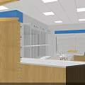 Pharmacy Store Interior With Blue Walls White Shelves Medication Displays And Checkout Counter