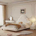 Modern White Double Bed With Upholstered Headboard Bedside Tables Lamps And Wall Art