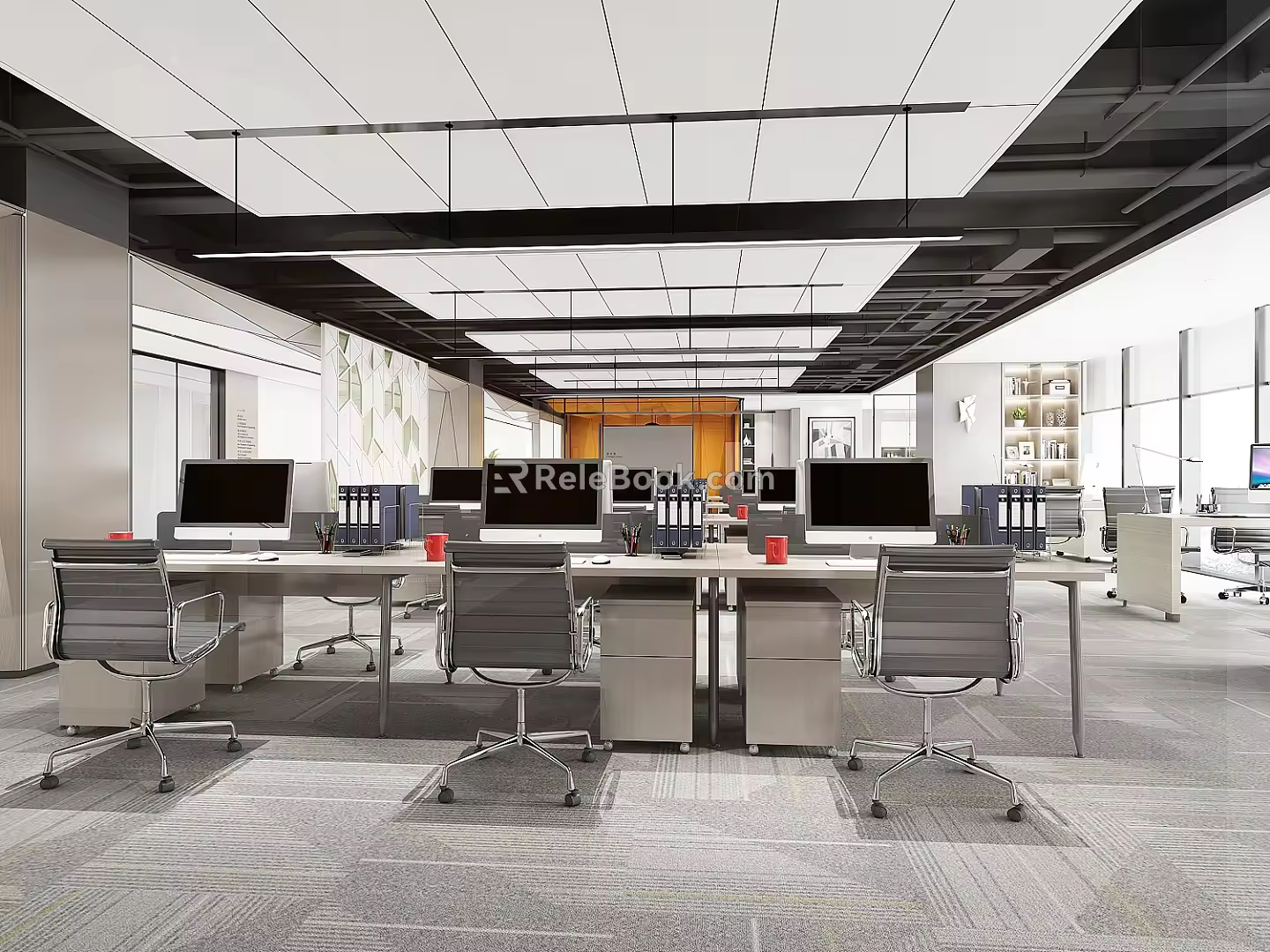 Modern Public Office Area Company Public Office Area Workstation Desk Computer Desk and Chair Sunshade Roller Shutter Bookcase Rack 3d model