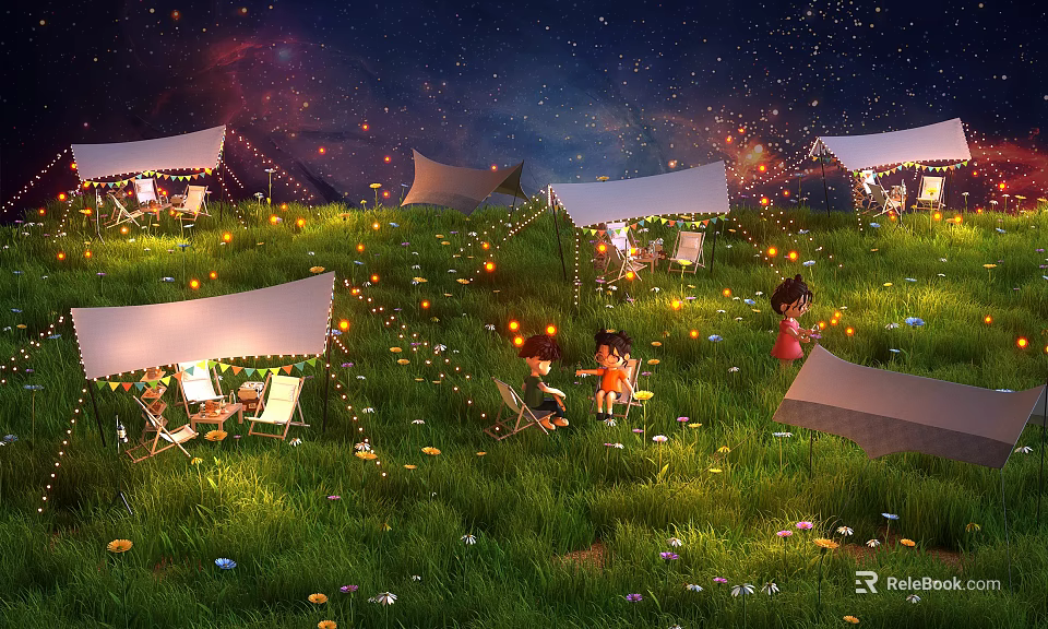 Cartoon Scene of Starry Night Grassland With White Tents String Lights Colorful Flowers and Characters 3d model 