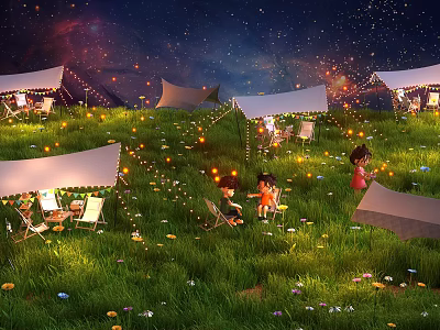 Cartoon Scene of Starry Night Grassland With White Tents String Lights Colorful Flowers and Characters 3d model