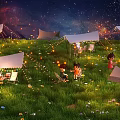 Cartoon Scene of Starry Night Grassland With White Tents String Lights Colorful Flowers and Characters