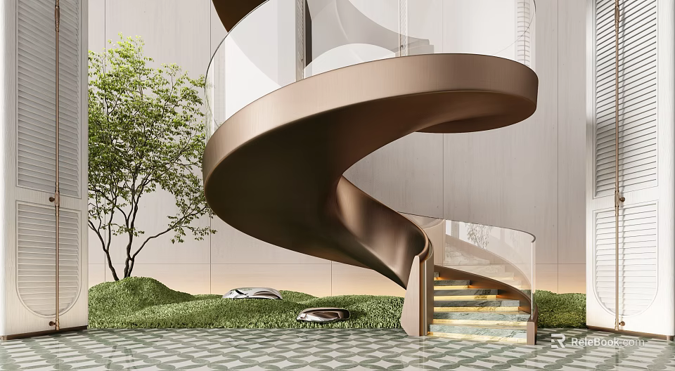Elegant Spiral Staircase Metallic Frame Glass Railing LED Lighting Greenery And Geometric Tile Floor 3d model 