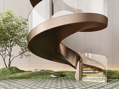 Elegant Spiral Staircase Metallic Frame Glass Railing LED Lighting Greenery And Geometric Tile Floor 3d model