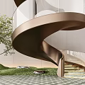 Elegant Spiral Staircase Metallic Frame Glass Railing LED Lighting Greenery And Geometric Tile Floor