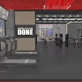 Modern Gym Interior With Treadmills Dumbbells Screens Showing Fitness Videos Red Black Decor And Plants
