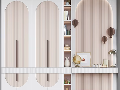 Light Pink Modern Two Door Wardrobe Design With Striped Wall And Decorative Items 3d model