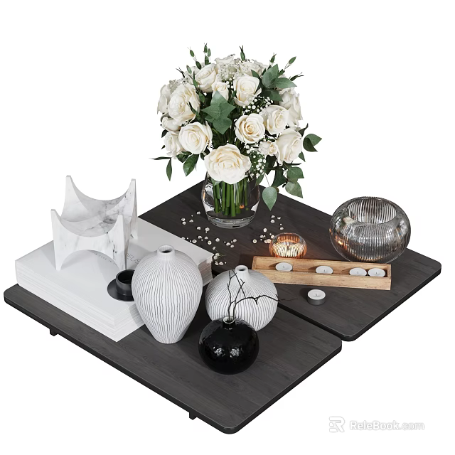 Modern Stylish Decorative Ornament Set With White Roses Bouquet Ceramic Vases And Candle Holders 3d model 