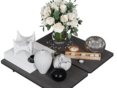 Modern Stylish Decorative Ornament Set With White Roses Bouquet Ceramic Vases And Candle Holders 3d model