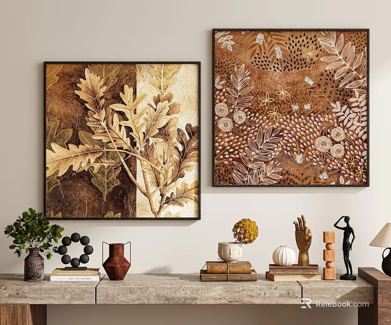 Warm Toned Abstract Paintings With Botanical Leaves And Floral Textured Patterns 3d model 