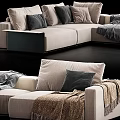 Modern Light Colored Fabric Sectional Sofa With Plush Pillows And Cozy Blankets 3d model