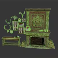 Vintage Carved Wooden Fireplace With Wood Logs Deer Antlers Picture Frames And Small Bench