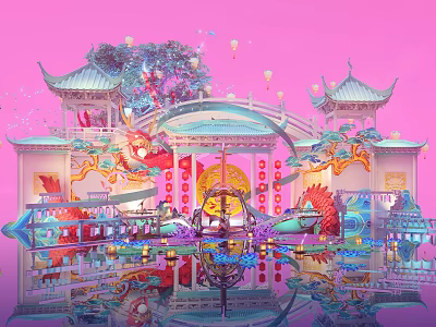 Traditional Modern Fusion Commercial Landscape With Chinese Architecture Lanterns And Water Reflection 3d model