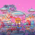 Traditional Modern Fusion Commercial Landscape With Chinese Architecture Lanterns And Water Reflection
