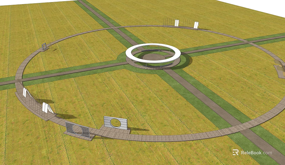 Open Grassland Landscape With Circular Central Structure Crossing Pathways And Wooden Platforms 3d model 