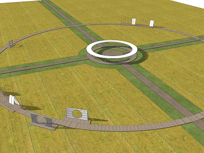 Open Grassland Landscape With Circular Central Structure Crossing Pathways And Wooden Platforms 3d model