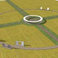 Open Grassland Landscape With Circular Central Structure Crossing Pathways And Wooden Platforms 3d model