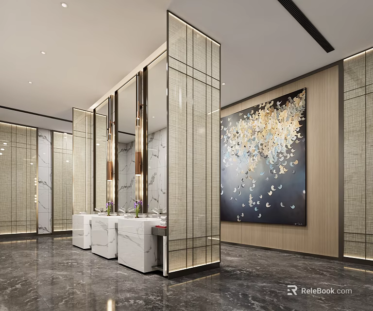 Modern Luxury Hotel Bathroom Interior With Lattice Screen Marble Countertop And Decorative Painting 3d model 