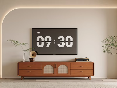 Wooden Brown TV Stand With Drawers Grille Doors Vintage Gramophone Radio Vase And Green Plant 3d model