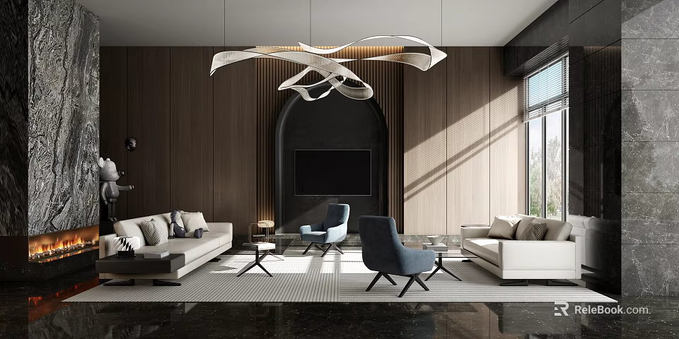 Modern Leisure Area With Wooden Walls Creative Chandelier Sofa Armchairs And Area Rug 3d model 
