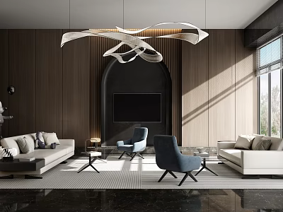Modern Leisure Area With Wooden Walls Creative Chandelier Sofa Armchairs And Area Rug 3d model