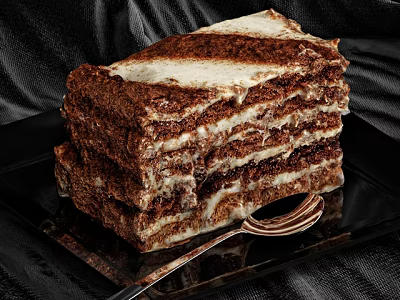 Layered Chocolate Cake with Creamy Layers on Black Plate and Silver Spoon Against Dark Cloth 3d model