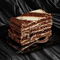 Layered Chocolate Cake with Creamy Layers on Black Plate and Silver Spoon Against Dark Cloth